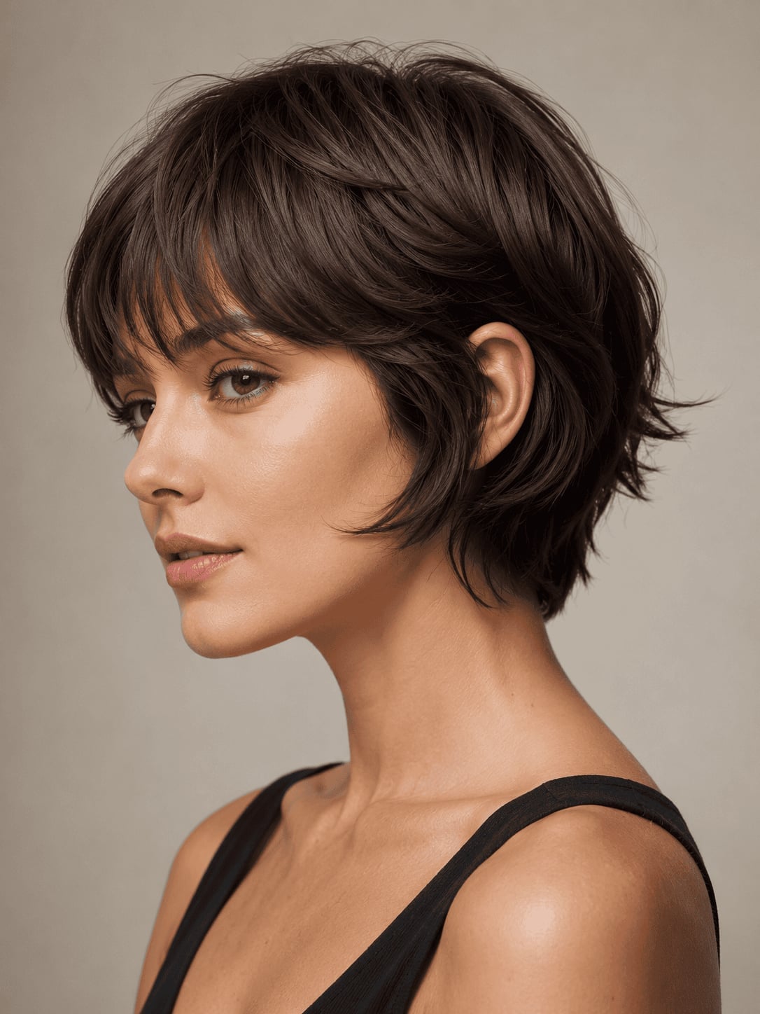 Dark Brown Pixie With Textured Forward Bangs — Simple Hairstyles for Short Hairs.
