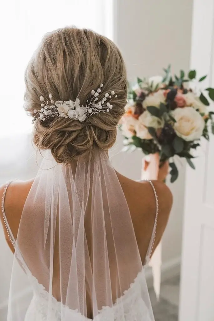 Textured Updo With Veil and Accessory — Simple Hairstyles for Wedding