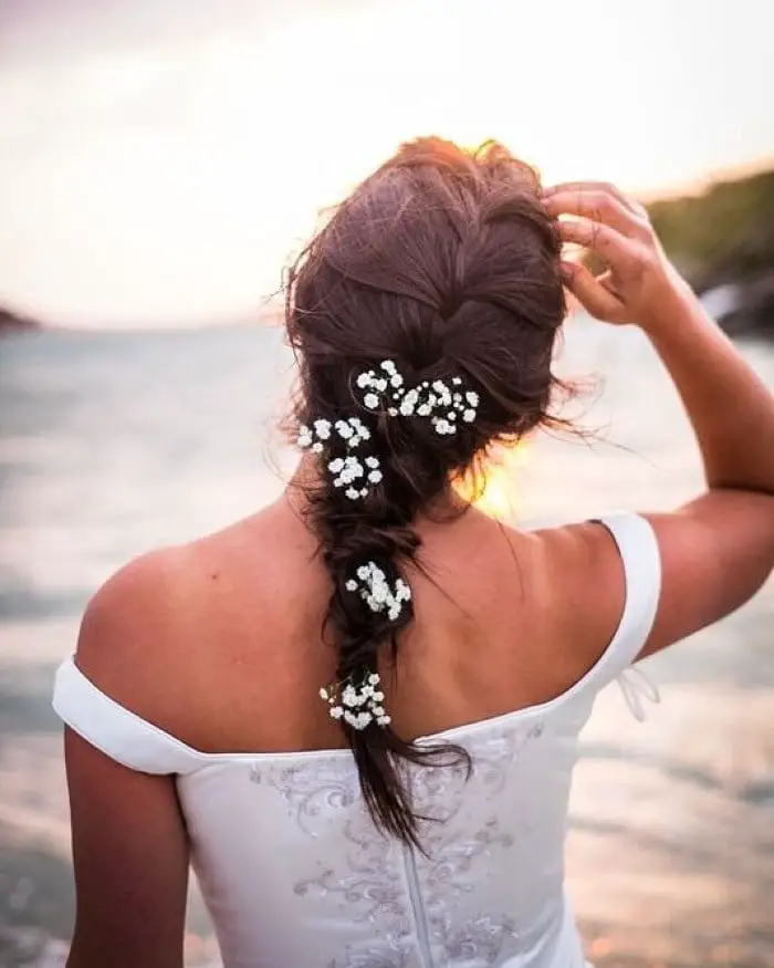 Loose Fishtail Braid With Floral Accents — Simple Hairstyles for Wedding