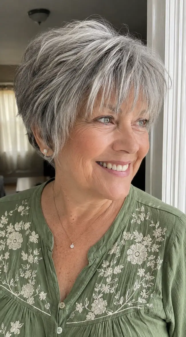 Textured Salt and Pepper Pixie With Wispy Bangs — Simple Hairstyles for Women over 60