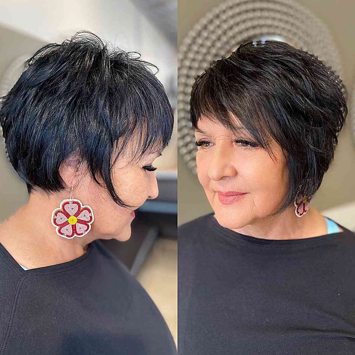 Asymmetrical Black Layers With Side Bangs — Simple Hairstyles for Women over 60