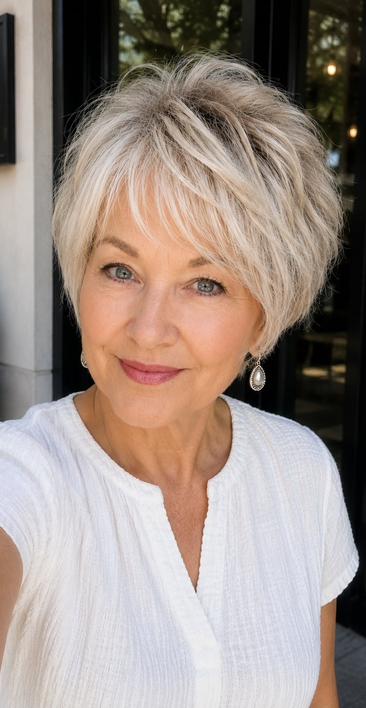 Icy Blonde Pixie Bob With Textured Bangs — Simple Hairstyles for Women over 60