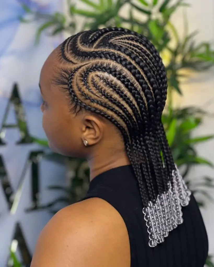 Mid-Back Cornrows With Geometric Pattern and Beaded Ends Mid-Back Cornrows With Geometric Pattern and Beaded Ends — Simple Hairstyles with Beads