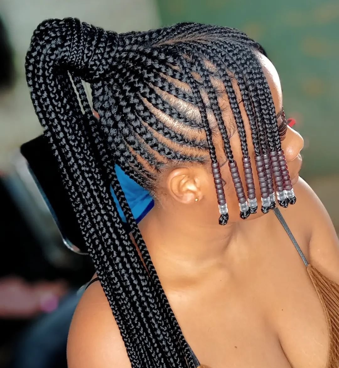 Mid-Back Braided Ponytail With Dark Beads Mid-Back Braided Ponytail With Dark Beads — Simple Hairstyles with Beads