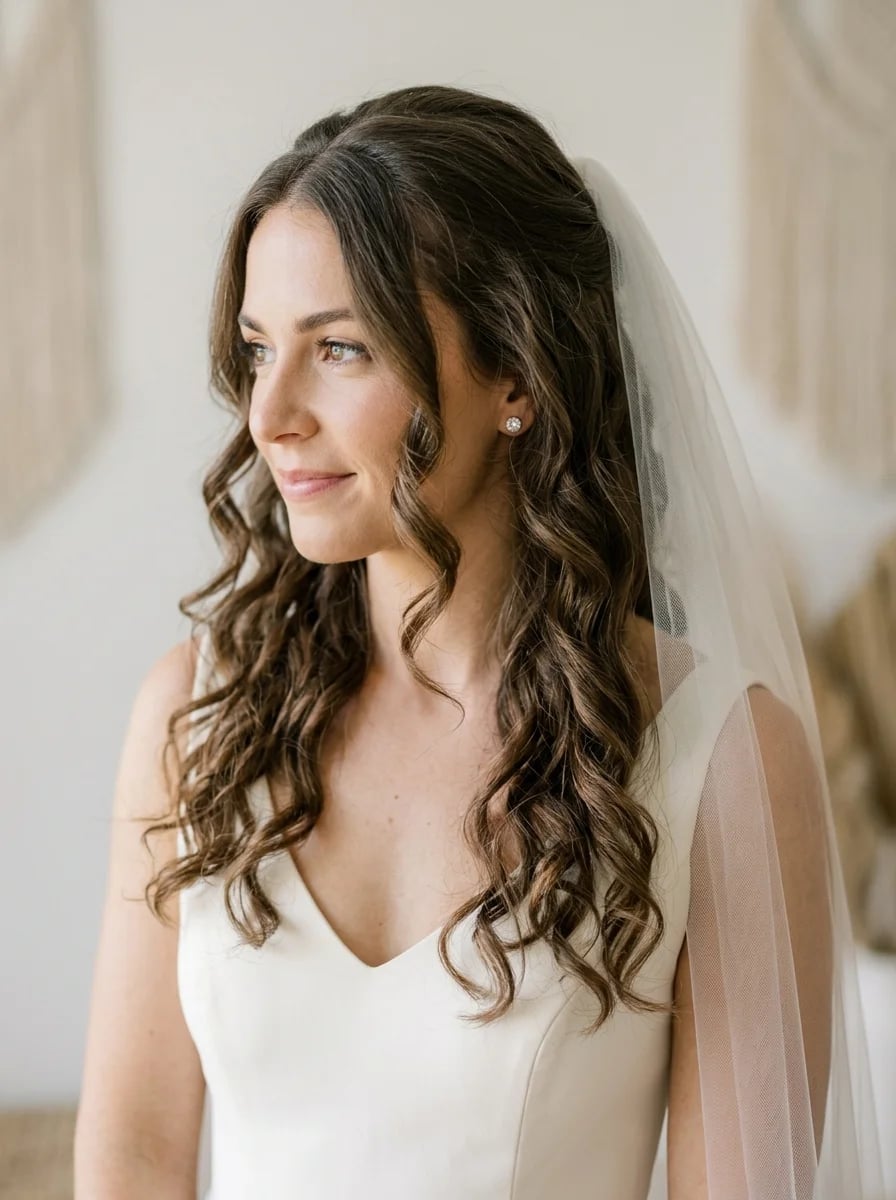 Thick Dark Brown Half-Up With Loose Curls Thick Dark Brown Half-Up With Loose Curls — Simple Hairstyles with Veil