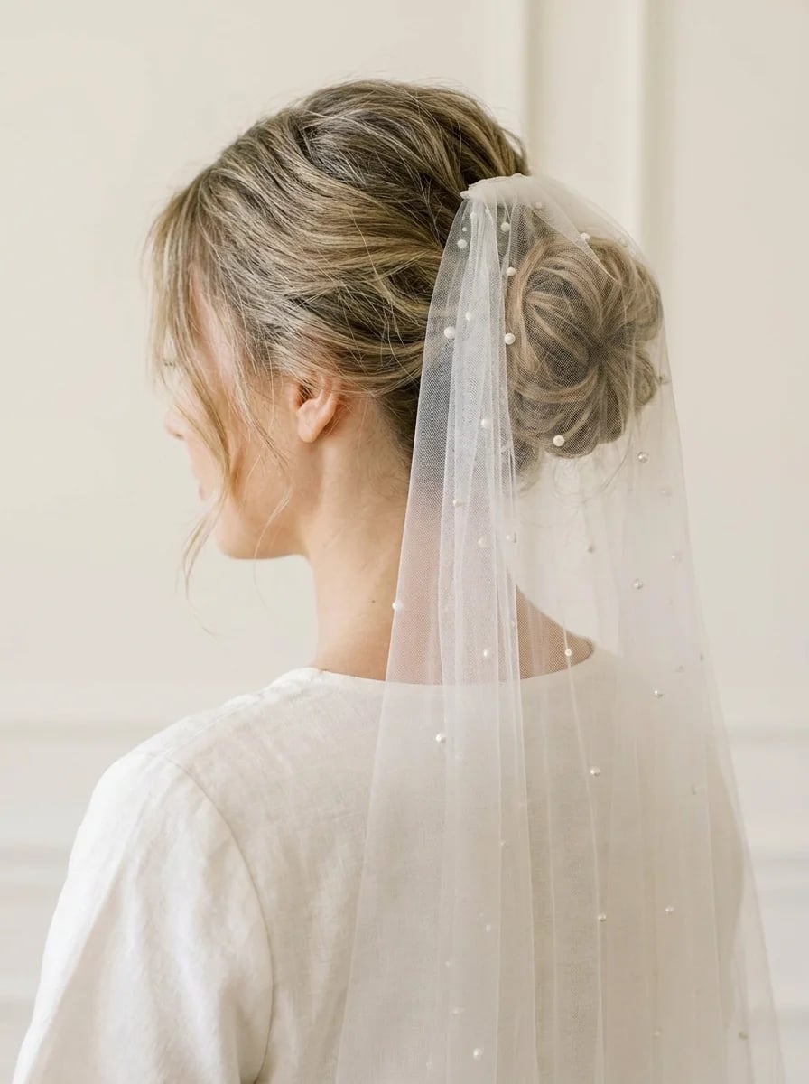 Fine Blonde Collarbone Low Bun With Pearls Fine Blonde Collarbone Low Bun With Pearls — Simple Hairstyles with Veil
