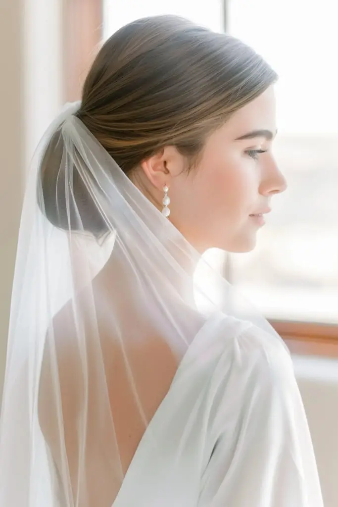 Collarbone Length Low Bun With Sheer Veil Collarbone Length Low Bun With Sheer Veil — Simple Hairstyles with Veil