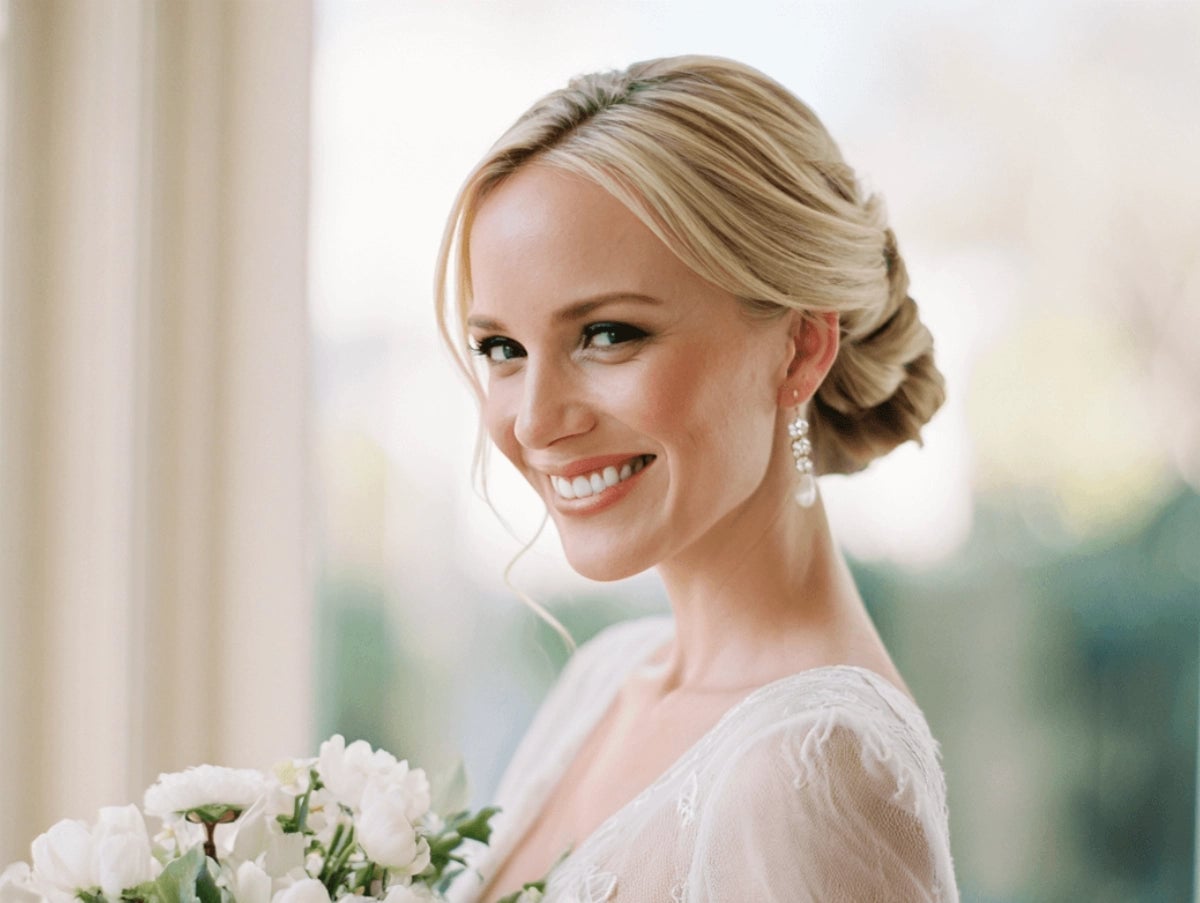 Blonde Low Updo With Face-Framing Tendrils Blonde Low Updo With Face-Framing Tendrils — Simple Hairstyles with Veil