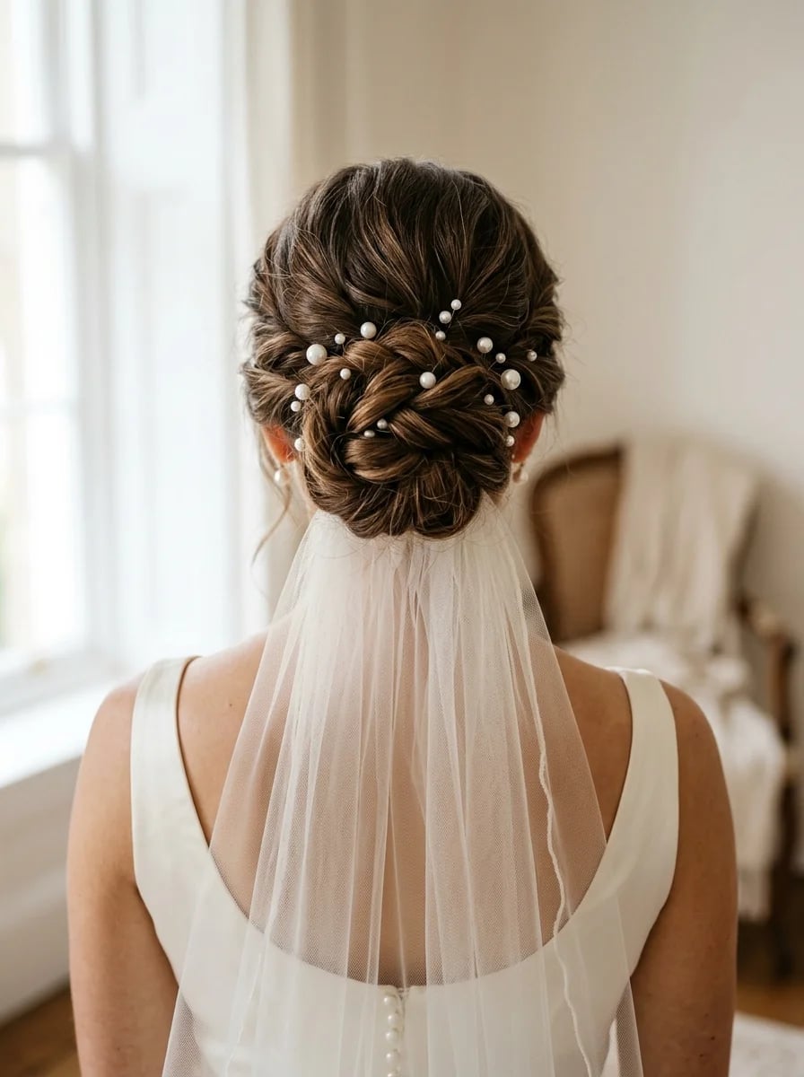 Dark Brown Braided Updo With Pearls And Veil Dark Brown Braided Updo With Pearls And Veil — Simple Hairstyles with Veil
