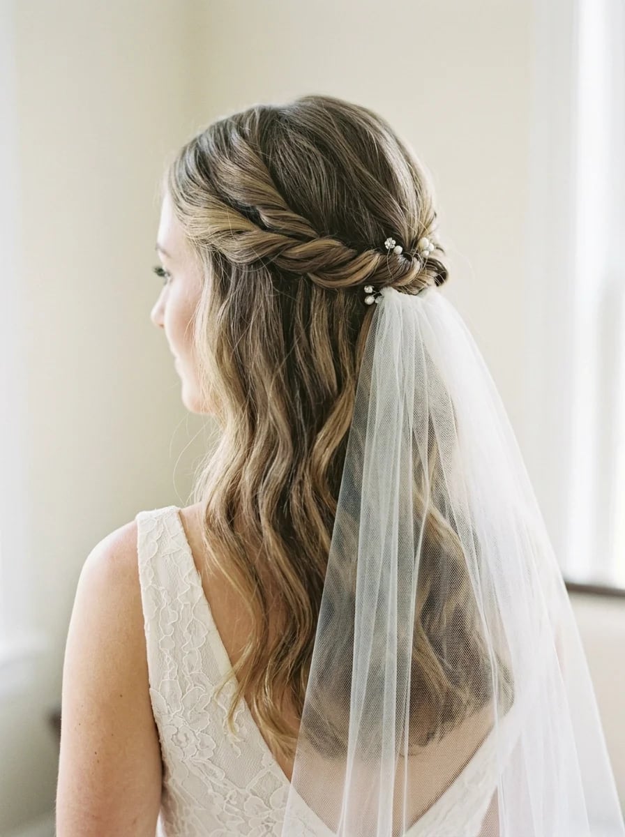 Honey Blonde Half-Up Half-Down With Braid Honey Blonde Half-Up Half-Down With Braid — Simple Hairstyles with Veil