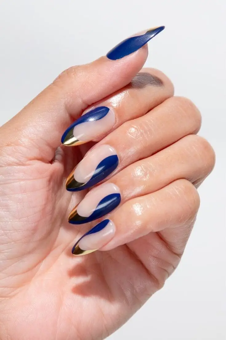 Long Almond Deep Blue Gold Accent Nails — Simple Hand Nails