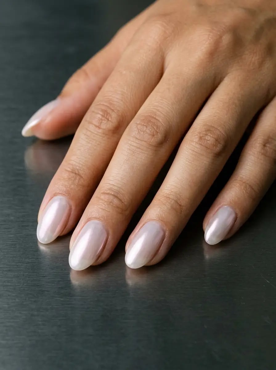 Medium Oval Sheer Pearlescent White Shimmer Nails — Simple Hand Nails