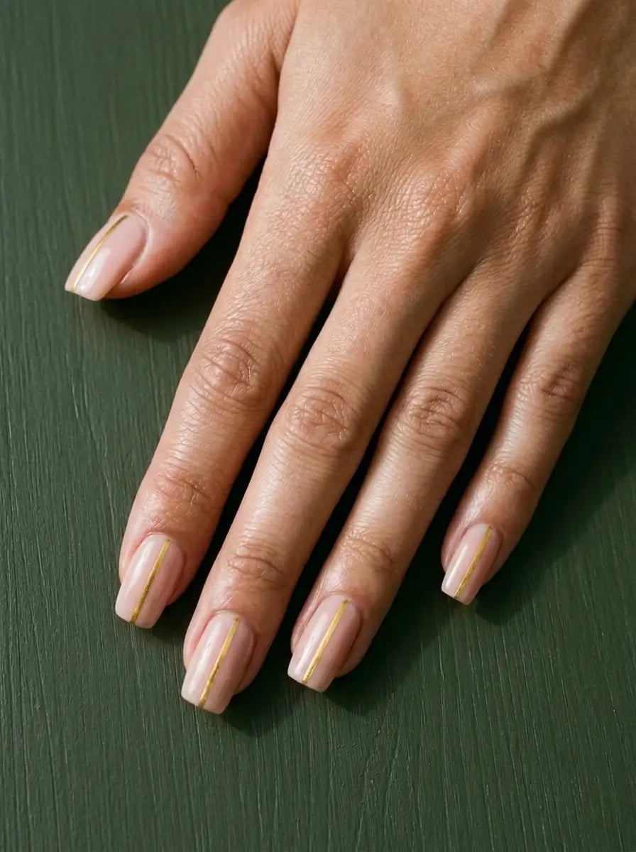 Short Square Sheer Nude Minimalist Gold Line Nails — Simple Hand Nails