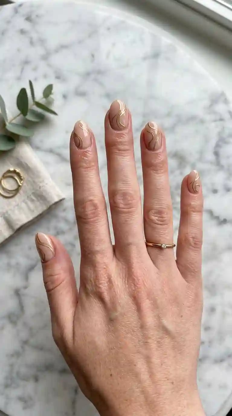 Short Oval Nude Glossy Gold Abstract Lines Nails — Simple Hand Nails