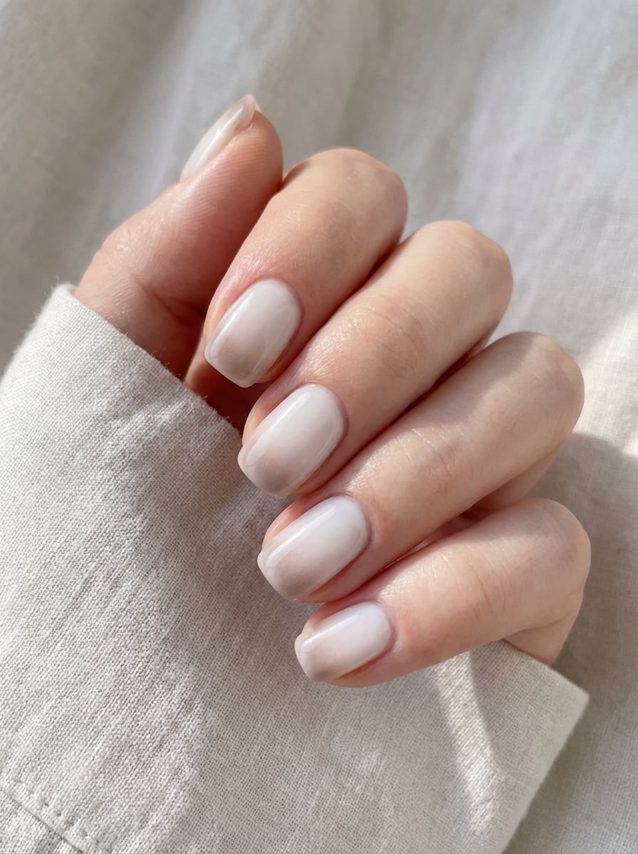 Short Soft Square Beige Gray Ombre Glossy Nails — Simple Hand Nails