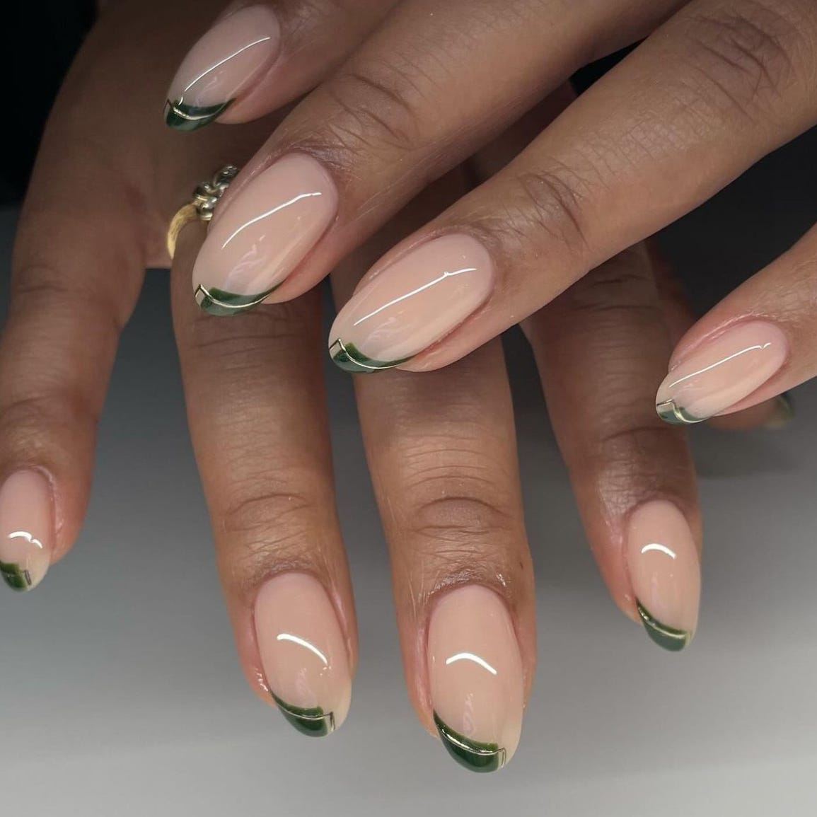 Medium Almond Green French Gold Line Accent Nails — Simple Hand Nails