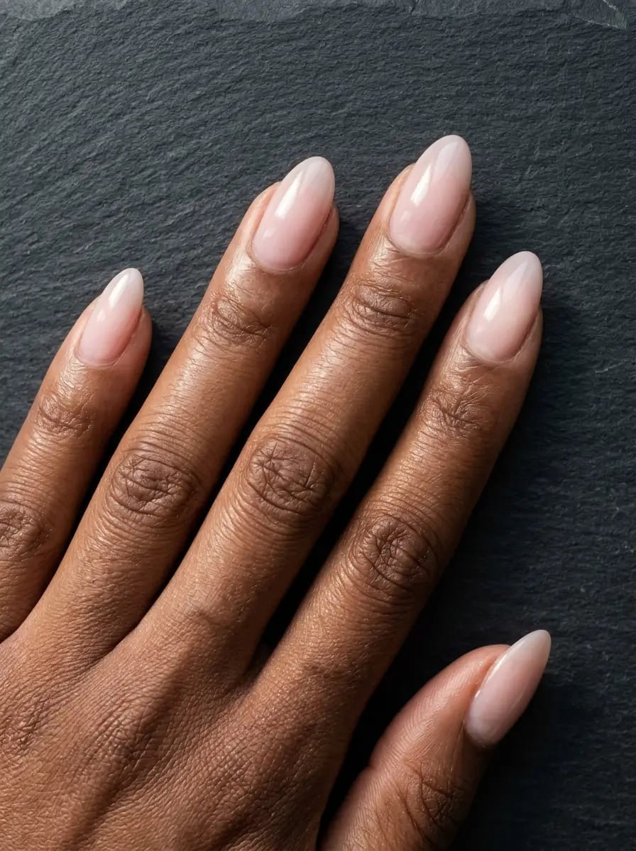 Medium Almond Sheer Pale Pink Glossy Nails With Flawless Cuticle Work — Simple Hand Nails