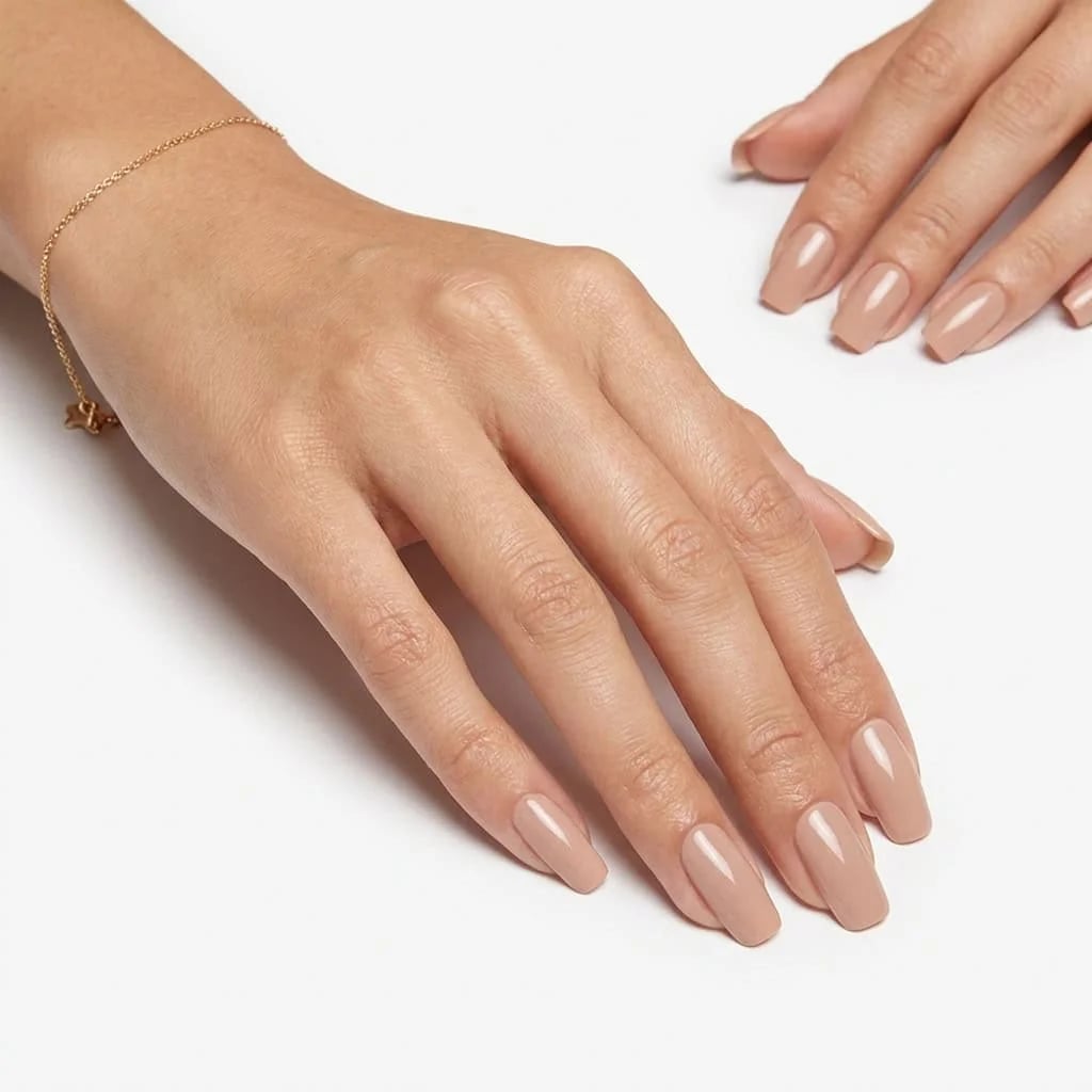 Medium Square Glossy Medium Beige Nails — Simple Hand Nails
