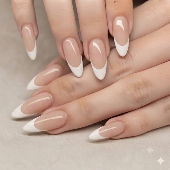 Medium Almond Sheer Pink Thin French Tip Nails — Simple Hand Nails