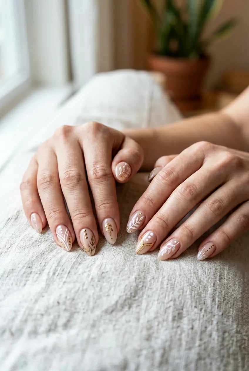 Medium Almond Nude Sheer Leaf Art Nails — Simple Hand Nails