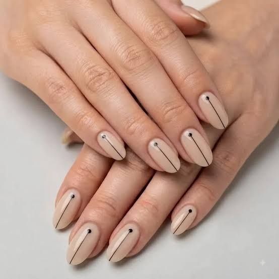 Medium Almond Sheer Nude Black Line Art Nails, Glossy — Simple Hand Nails