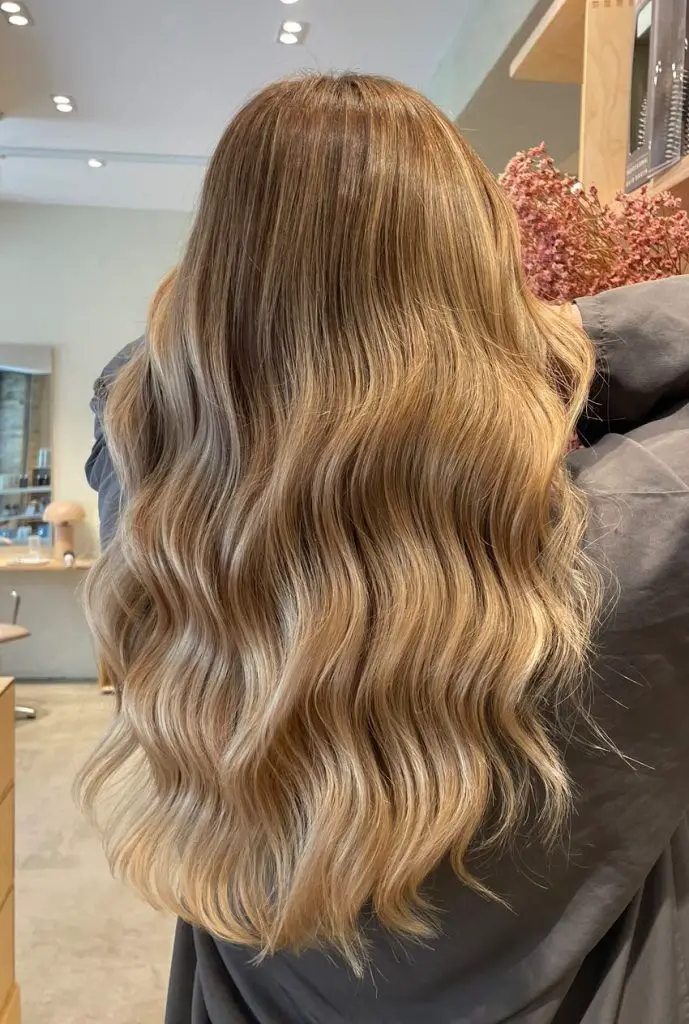 Mid-Back Wavy Warm Blonde With Highlights, Layers — Simple Highlights on Blonde