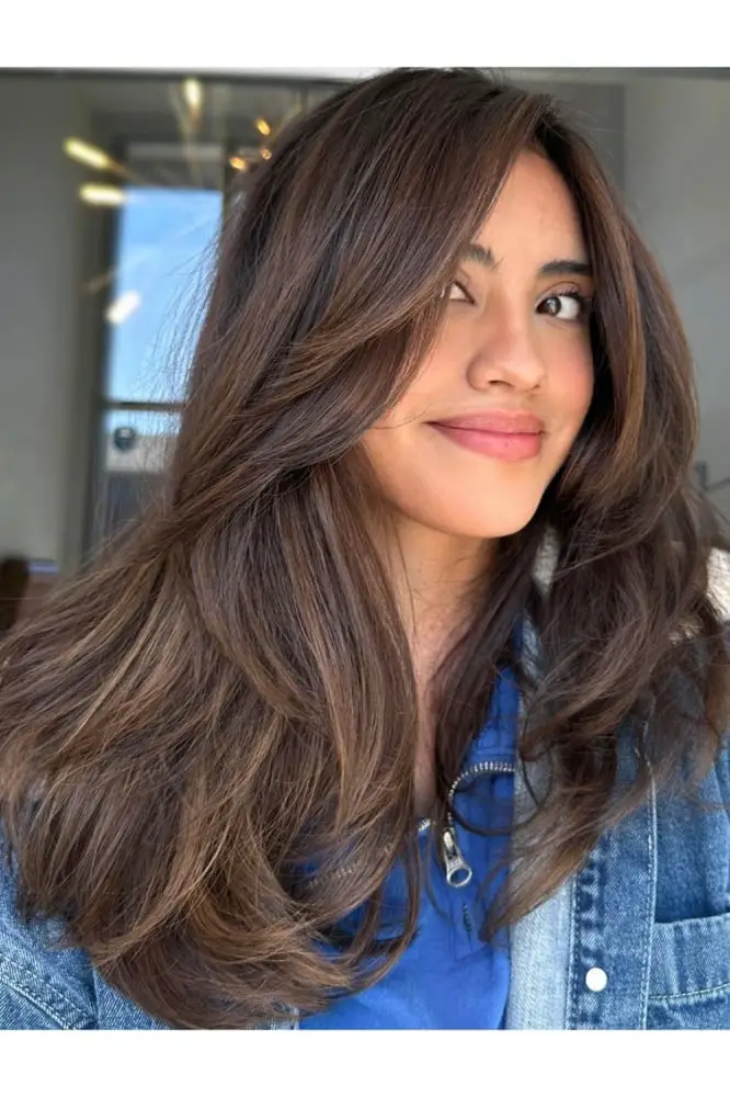 Mid-Back With Lighter Brown Face-Framing Layers and Curtain Bangs Mid-Back With Lighter Brown Face-Framing Layers and Curtain Bangs — Simple Highlights on Dark Hair