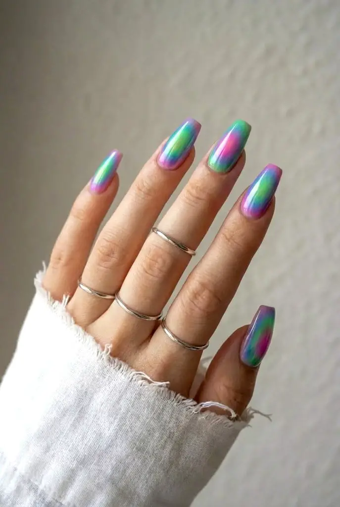 Pink Green Blue Holographic Chrome Coffin Nails Pink Green Blue Holographic Chrome Coffin Nails — Simple Holographic Nails