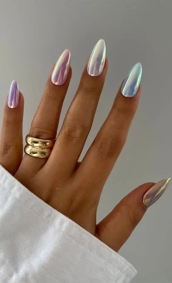 Pastel Rainbow Chrome Almond Nails Pastel Rainbow Chrome Almond Nails — Simple Holographic Nails