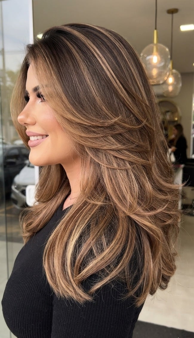Dimensional Honey Caramel Brunette Balayage 90s Long Layers with Face-Framing