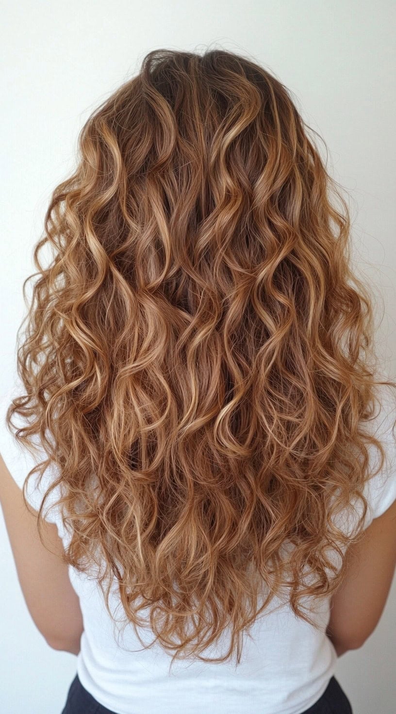 Mid-Back Curly Hair With Honey Highlights — Simple Honey Balayage