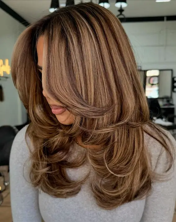Honey Brown Balayage With Curtain Bangs — Simple Honey Balayage