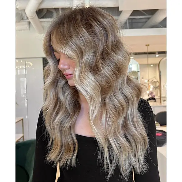 Mid-Back Muted Honey With Babylights and Curtain Bangs — Simple Honey Blonde