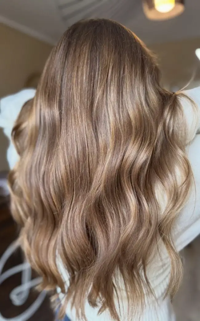Mid-Back Brown Base With Blended Honey Highlights, Wavy Mid-Back Brown Base With Blended Honey Highlights, Wavy — Simple Honey Highlights