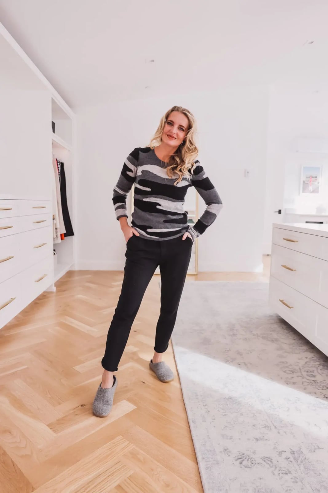 Striped Knit Sweater and Black Trousers for Home Comfort — Simple House Outfit Ideas