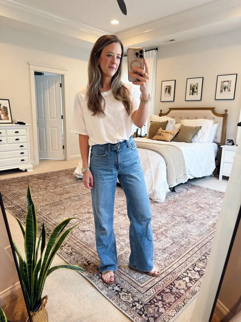 White T-Shirt and Light Blue Wide-Leg Jeans for Casual Comfort — Simple House Outfit Ideas