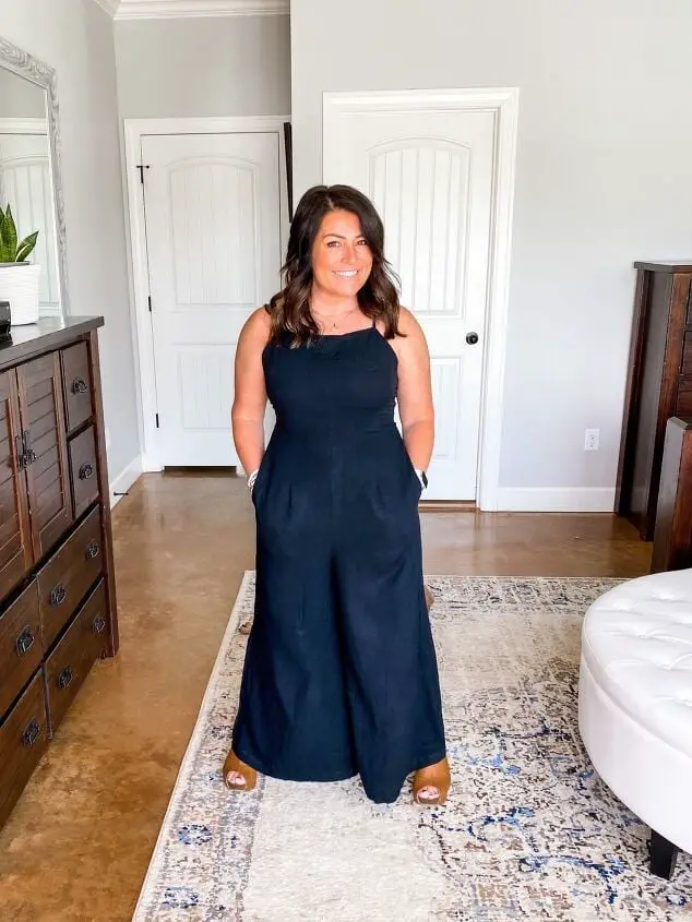 Navy Blue Linen Blend Jumpsuit for Effortless Home Style — Simple House Outfit Ideas