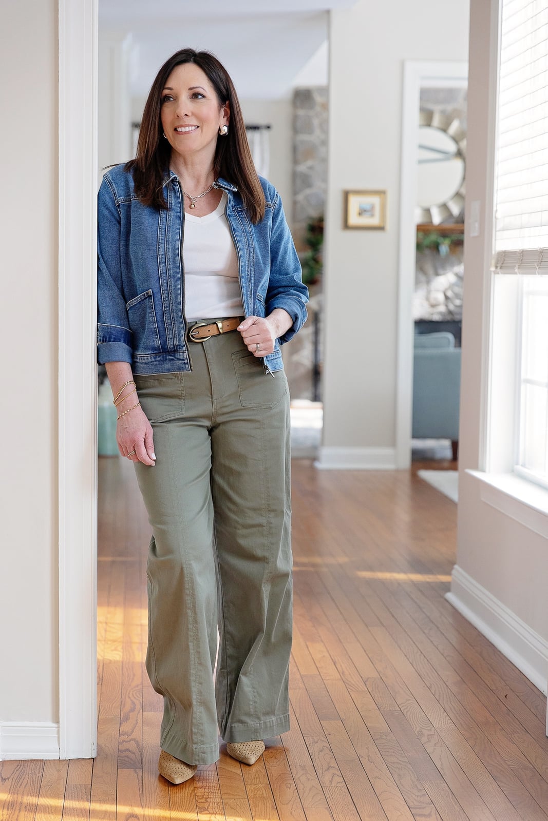 Olive Utility Pants and White Tank with Denim Jacket — Simple House Outfit Ideas