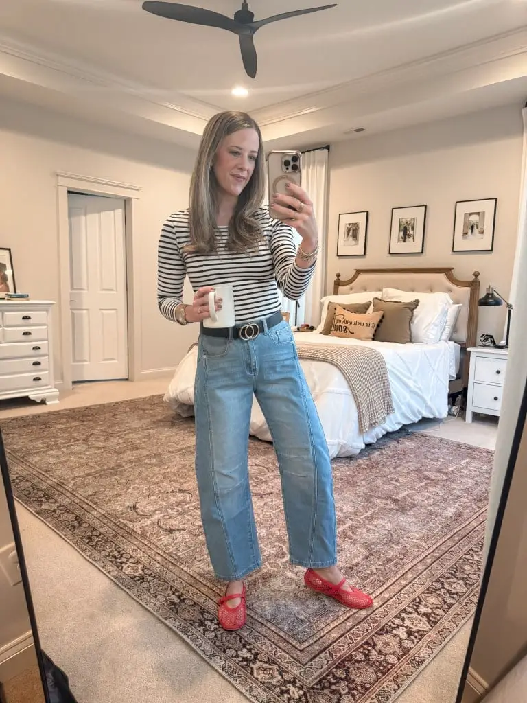 Striped Top and Light Blue Wide-Leg Jeans for Home — Simple House Outfit Ideas