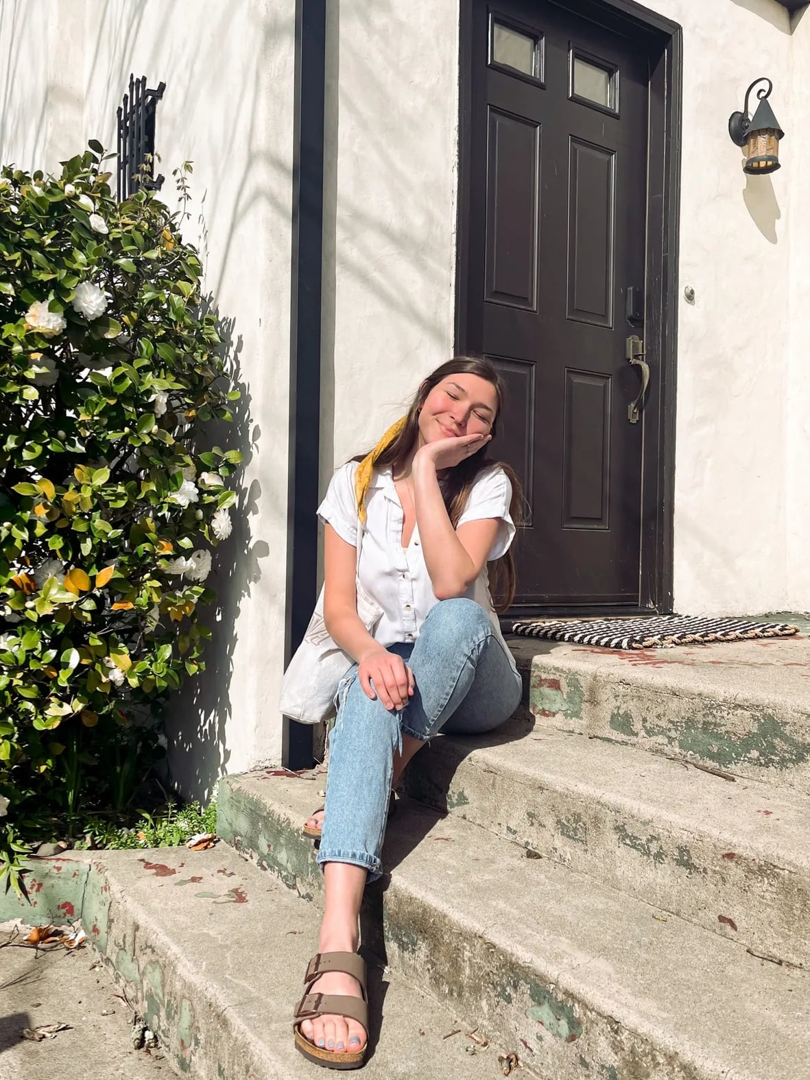 Ripped Jeans and White Shirt with Bandana Detail and Light Blue Denim — Simple House Outfit Ideas