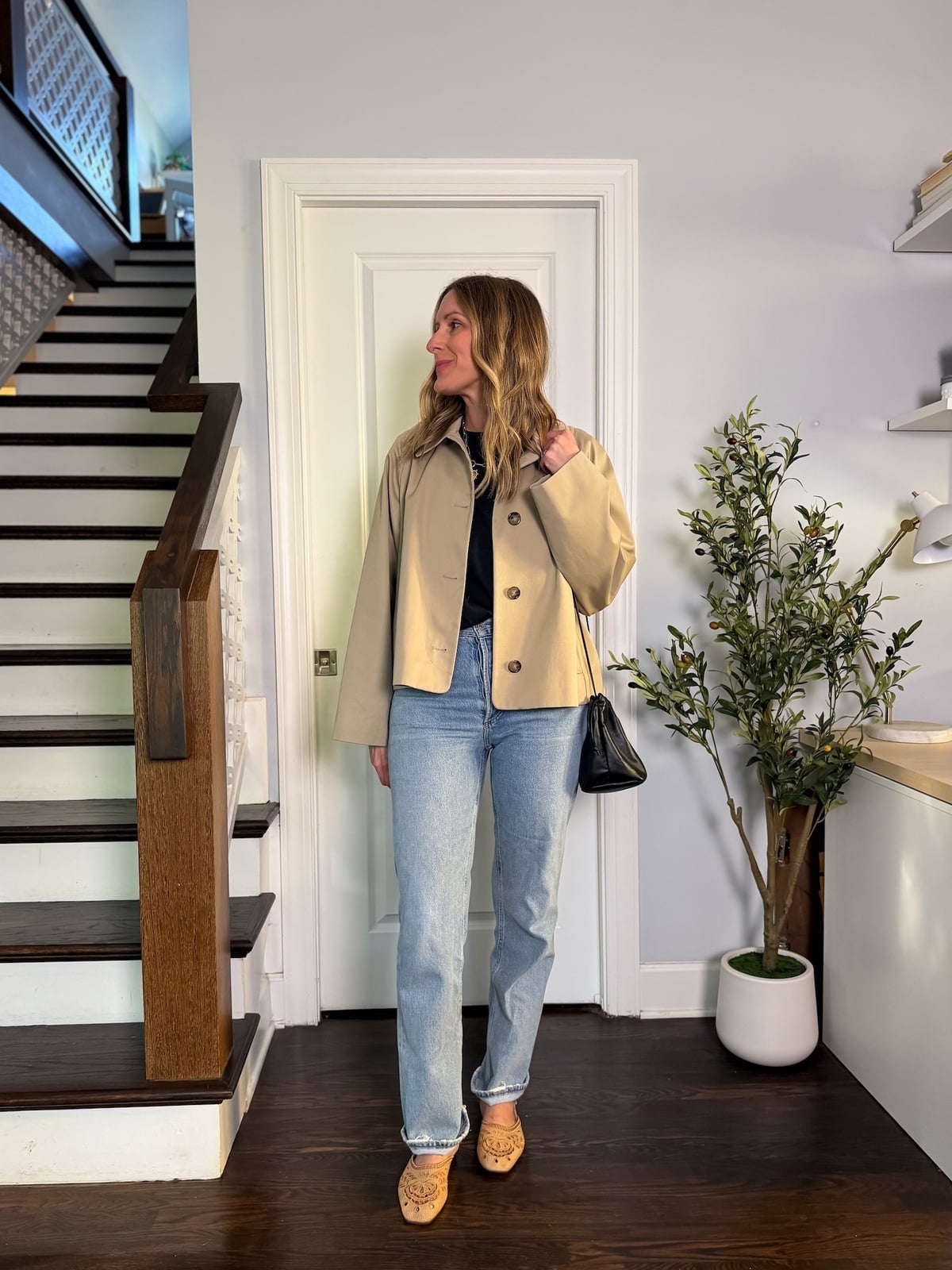 Cropped Jacket Over Navy T-Shirt and Straight-Leg Jeans — Simple House Outfit Ideas