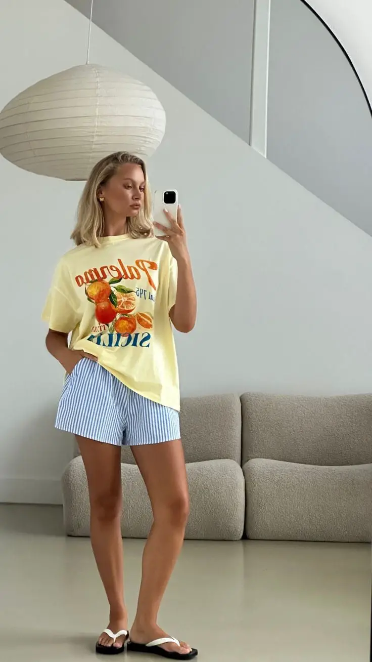Graphic T-Shirt and Striped Shorts for Casual Lounging — Simple House Outfit Ideas