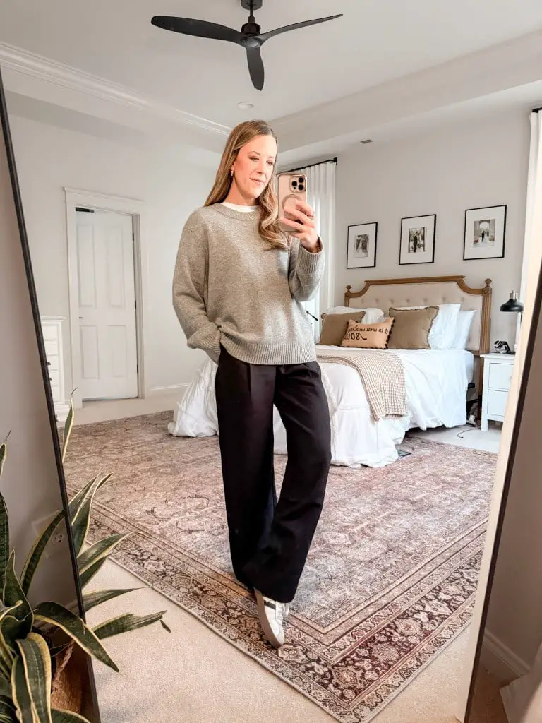 Gray Knit Sweater and Black Wide-Leg Pants for Comfort — Simple House Outfit Ideas