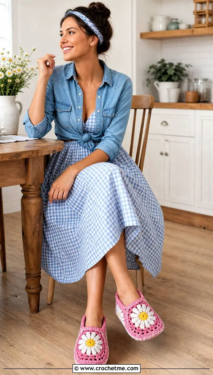 Gingham Dress with Tied Denim Shirt for a Casual Home Look — Simple House Outfit Ideas