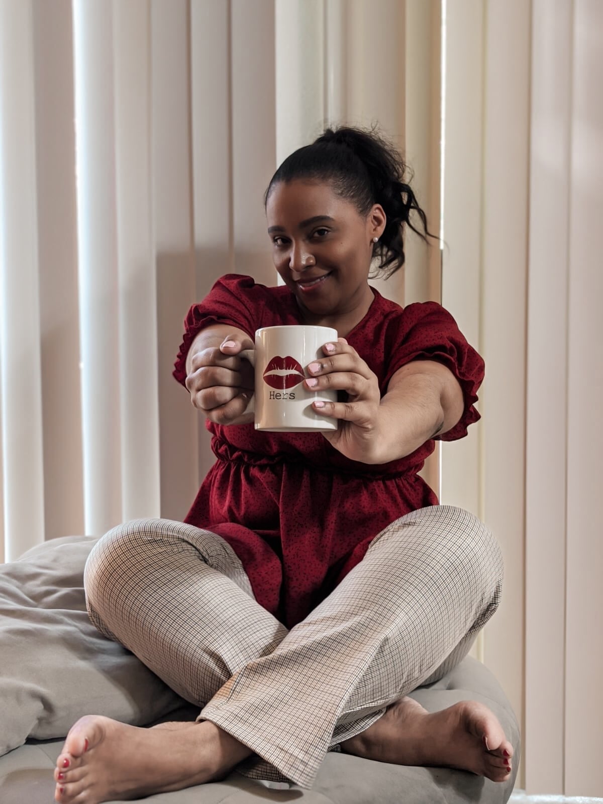 Red Puff-Sleeve Top and Checkered Flared Trousers — Simple House Outfit Ideas