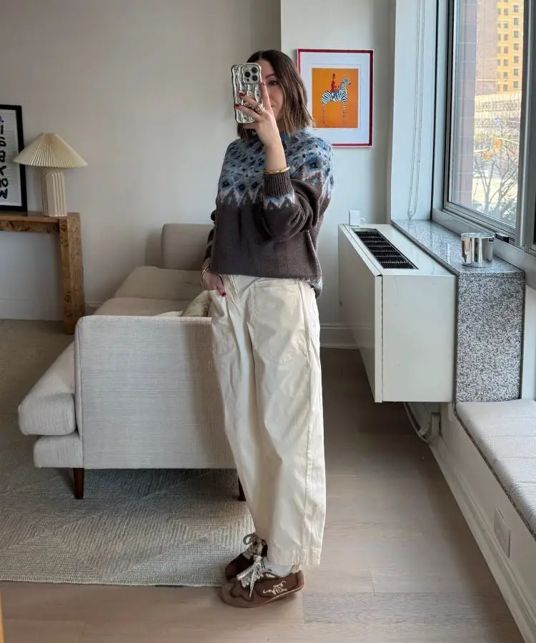 Fair Isle Sweater and Cream Wide-Leg Pants for Cozy Home — Simple House Outfit Ideas