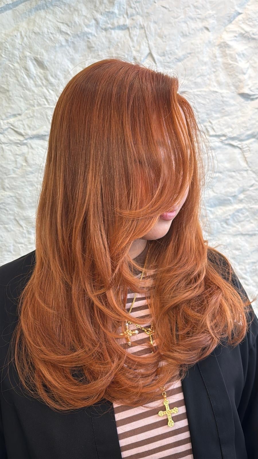 Striped Top Under Black Jacket With Layered Hair — Simple Hush Cut