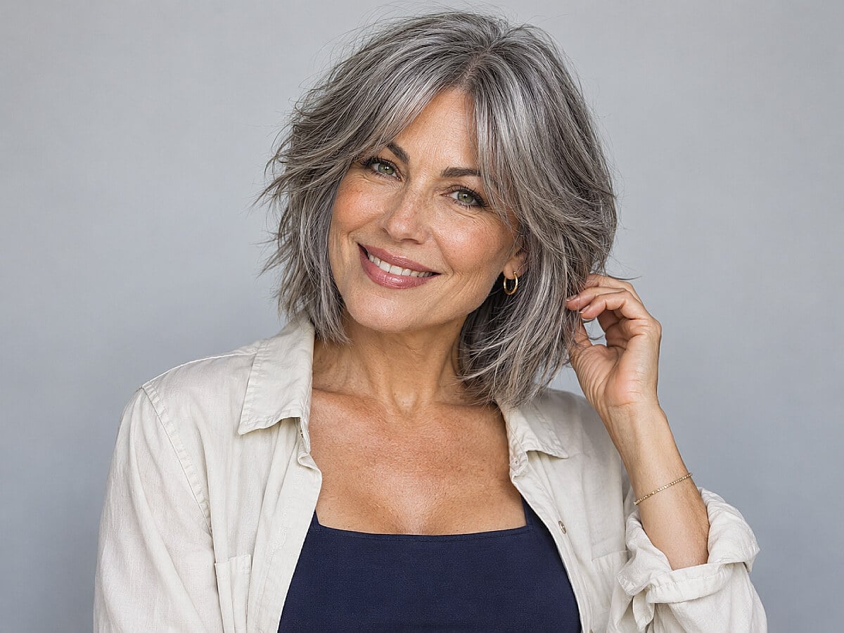 Open Shirt Over Tank With Gray Bob — Simple Hush Cut