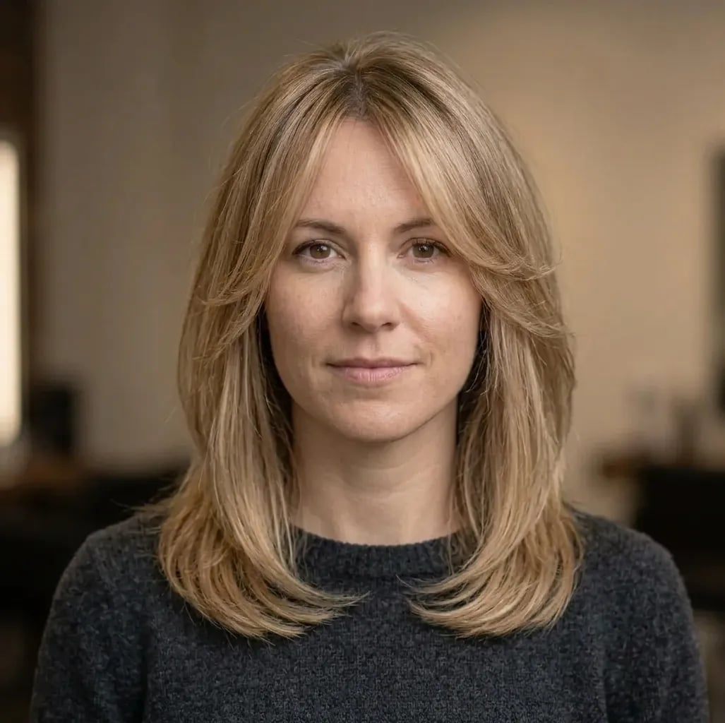 Charcoal Sweater Accentuates Face Framing Layers — Simple Hush Cut