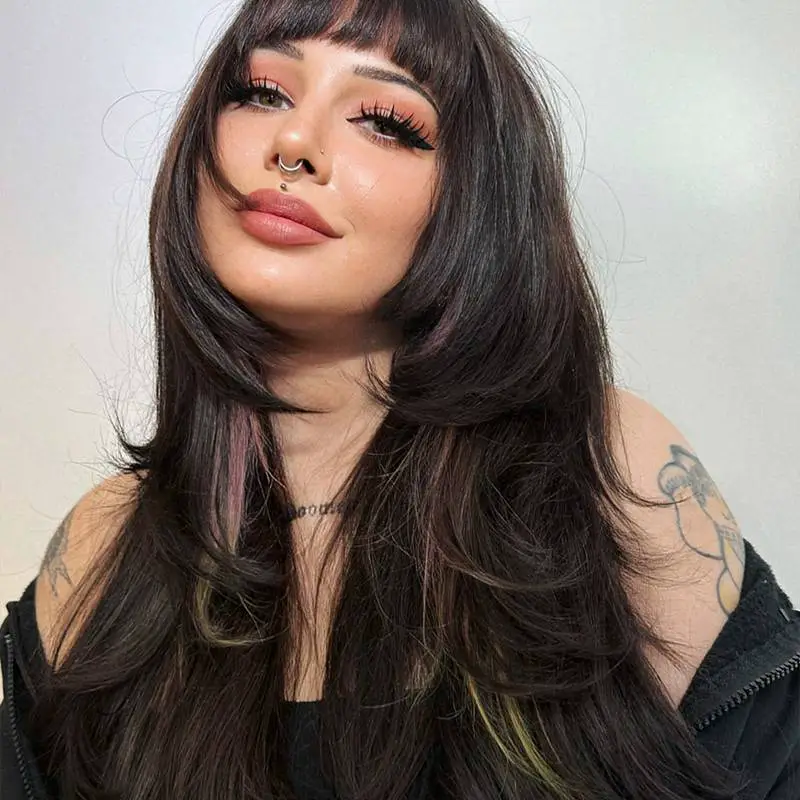 Black Jacket With Layered Hair And Bangs — Simple Hush Cut
